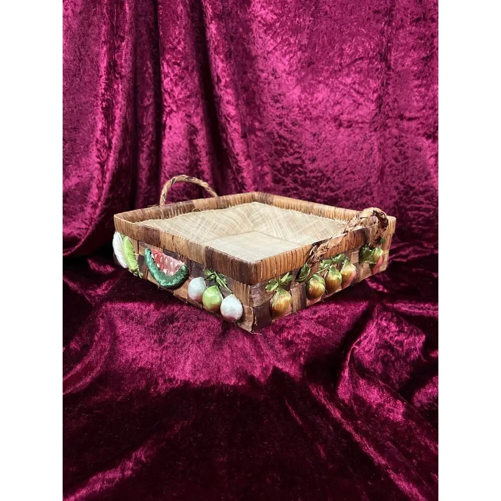 Vintage Raffia Serving Casserole Basket - Handwoven Fruit Basket Centerpiece